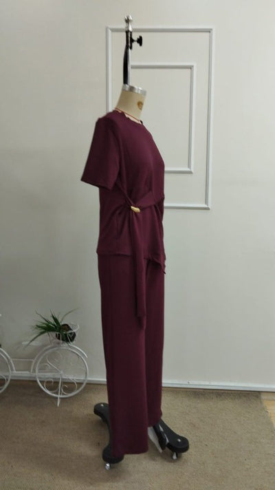 Set de două piese pentru femei, bluză și pantaloni din viscoză, cu guler rotund și mânecă scurtă, cu cataramă laterală, 34323