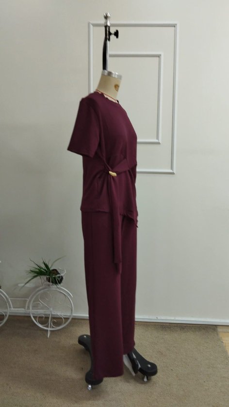 Set de două piese pentru femei, bluză și pantaloni din viscoză, cu guler rotund și mânecă scurtă, cu cataramă laterală, 34323