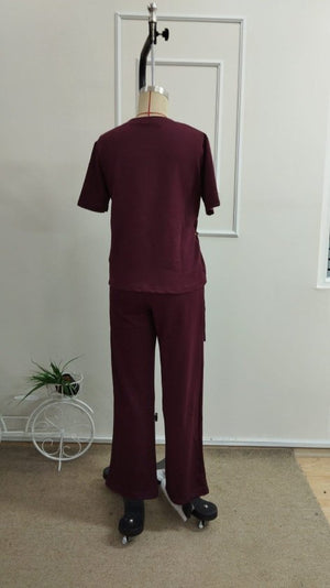 Set de două piese pentru femei, bluză și pantaloni din viscoză, cu guler rotund și mânecă scurtă, cu cataramă laterală, 34323
