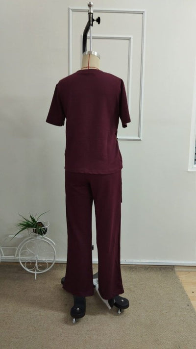 Set de două piese pentru femei, bluză și pantaloni din viscoză, cu guler rotund și mânecă scurtă, cu cataramă laterală, 34323