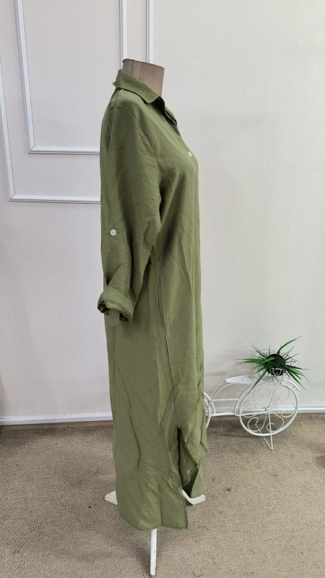 Women's Long Sleeve Collared Button-Front Loose Fit Detailed Long Dress, 34352