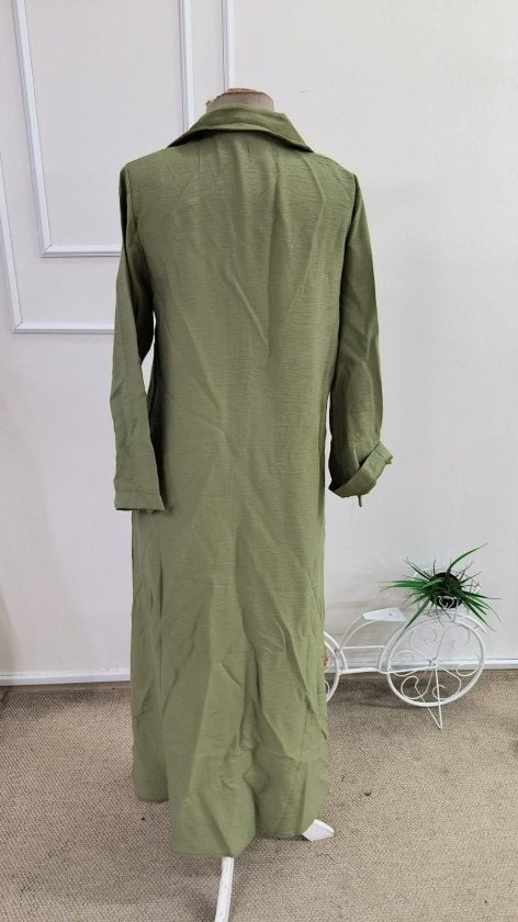 Women's Long Sleeve Collared Button-Front Loose Fit Detailed Long Dress, 34352