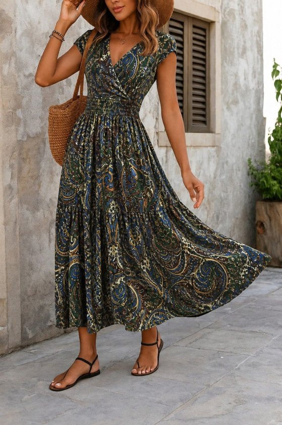 Rochie maxi Supreme pentru femei, cu mânecă scurtă, decolteu înfășurat și talie elastică, 34754