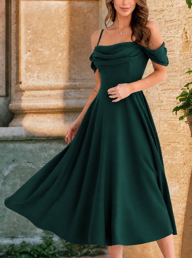 Rochie lungă evazată din crep importat, cu bretele, fără umeri, cu decolteu în formă de inimă, pentru femei, 34402