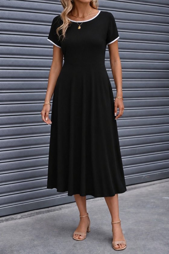Rochie midi din viscoză cu mânecă scurtă și guler rotund pentru femei, cu detalii cu dungi albe, 34404