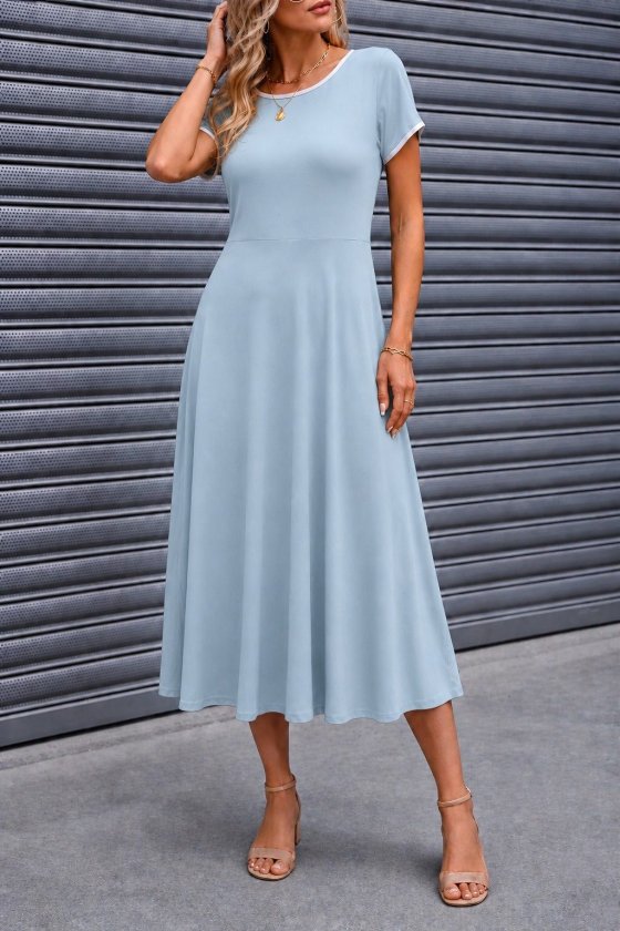 Rochie midi din viscoză cu mânecă scurtă și guler rotund pentru femei, cu detalii cu dungi albe, 34406