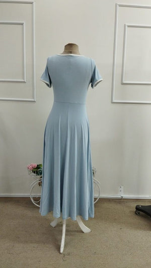 Rochie midi din viscoză cu mânecă scurtă și guler rotund pentru femei, cu detalii cu dungi albe, 34406