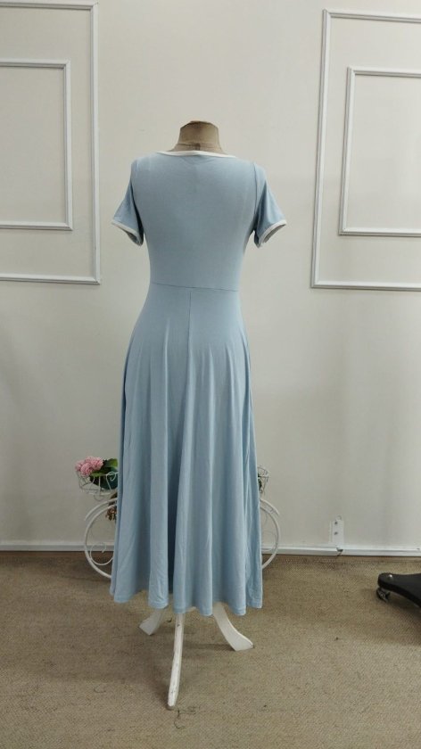 Rochie midi din viscoză cu mânecă scurtă și guler rotund pentru femei, cu detalii cu dungi albe, 34406