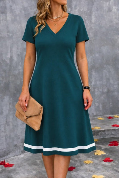 Rochie midi din crep cu mânecă scurtă, decolteu în V și tiv bordat pentru femei, 34407