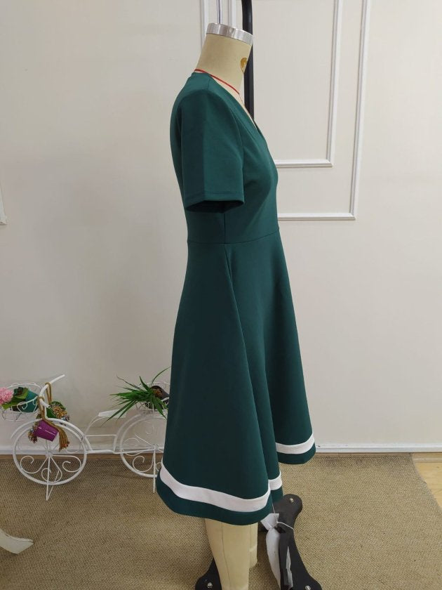 Rochie midi din crep cu mânecă scurtă, decolteu în V și tiv bordat pentru femei, 34407