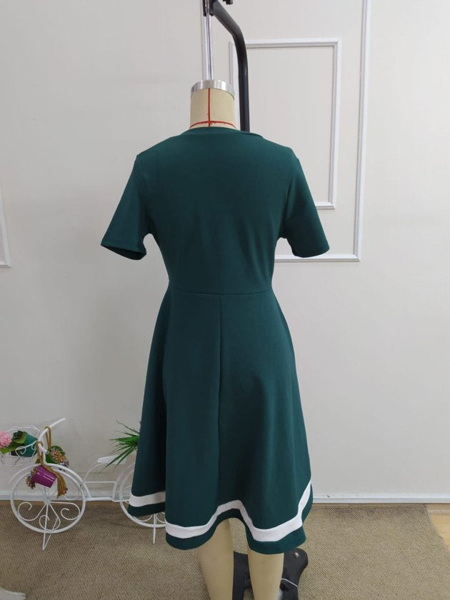 Rochie midi din crep cu mânecă scurtă, decolteu în V și tiv bordat pentru femei, 34407