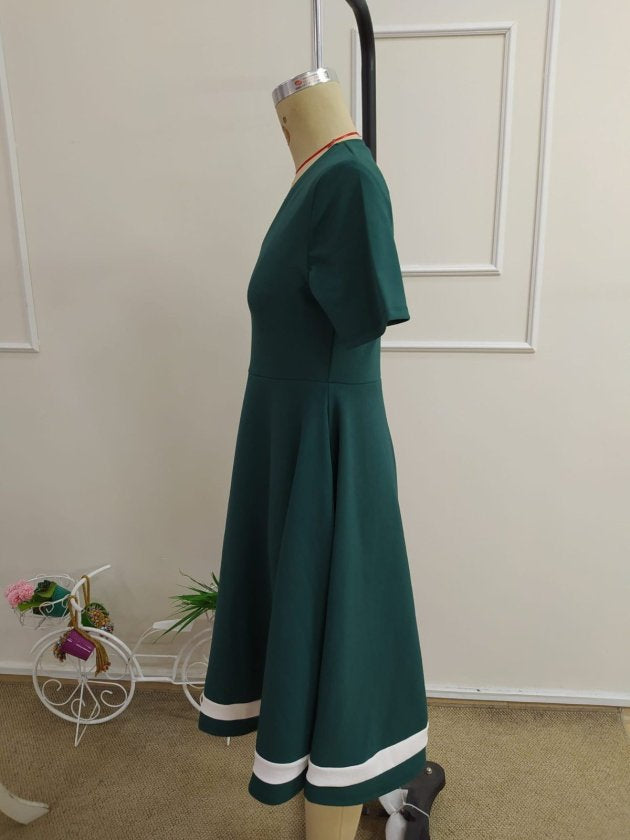 Rochie midi din crep cu mânecă scurtă, decolteu în V și tiv bordat pentru femei, 34407