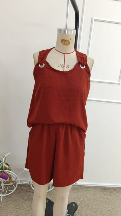 Women's Sleeveless V-Neck Eyelet Detail Blouse and Short Aerobin Two-Piece Set, 34413