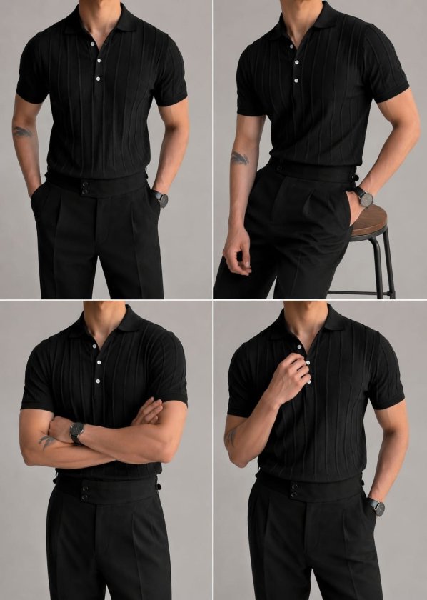 Erkek Kısa Kollu Polo Yakalı Düğmeli Fitilli Triko Bluz, 34430
