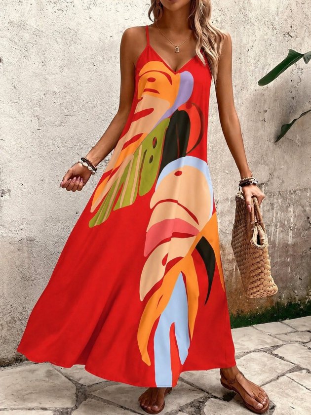 Rochie maxi Supreme pentru femei, cu bretele, decolteu în V și imprimeu, 34496