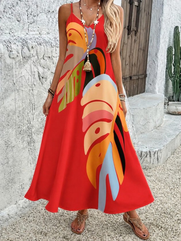 Rochie maxi Supreme pentru femei, cu bretele, decolteu în V și imprimeu, 34496