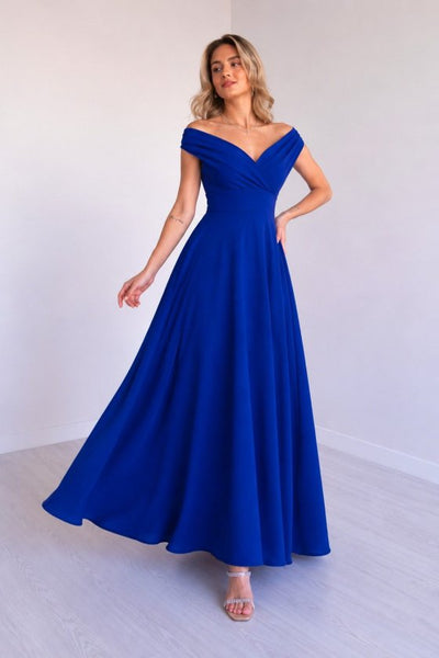 Rochie lungă de damă din crep janjan, cu decolteu petrecut, umeri goi și talie marcată, 35745