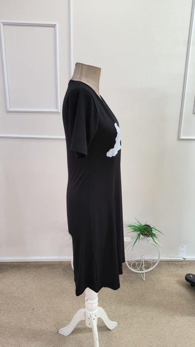 Rochie scurtă din viscoză cu imprimeu de pisici, cu mânecă scurtă și guler rotund pentru femei, 34518