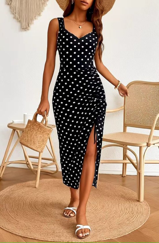 Rochie midi din crep tricotat, cu buline, decolteu în V și bretele, cu încrețituri laterale, pentru femei, 34551