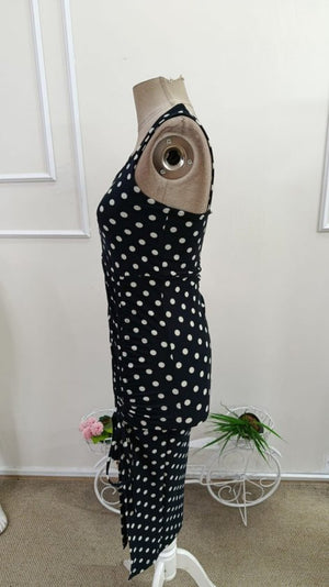 Kadın Askılı V Yakalı Yandan Büzgülü Puantıyeli Midi örme Krep Elbise, 34551