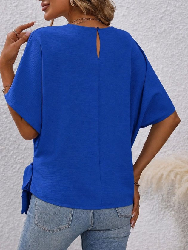 Women's Short Sleeve Crew Neck Side Lace-Up Aerobin Blouse, 34565