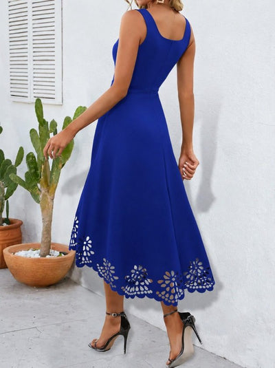 Rochie de damă din crep importat, cu guler geometric, cu bretele, floral, decupat cu laser, 34576