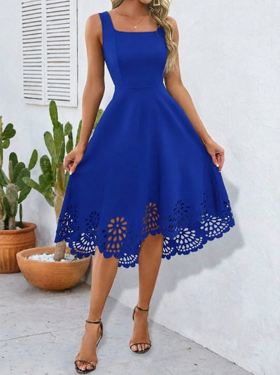 Rochie de damă din crep importat, cu guler geometric, cu bretele, floral, decupat cu laser, 34576