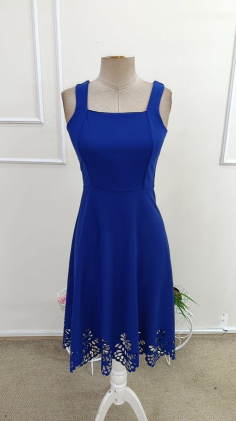 Rochie de damă din crep importat, cu guler geometric, cu bretele, floral, decupat cu laser, 34576