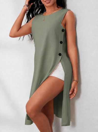 Rochie scurtă pentru femei, cu bretele, decolteu rotund și nasturi laterali, 34586