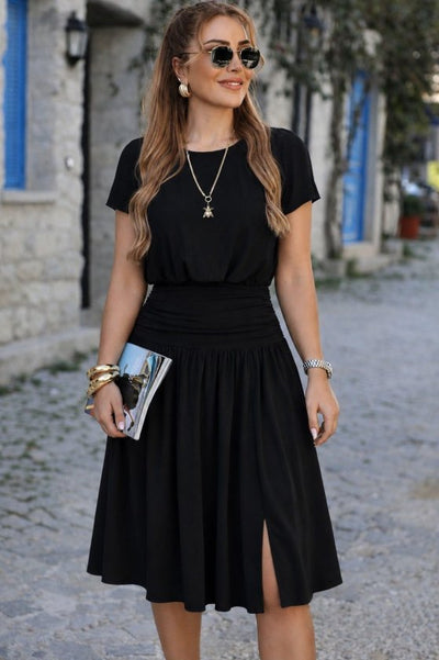 Rochie de damă din crep strălucitor, cu mânecă scurtă, ajustată la talie, cu crăpătură, 34587