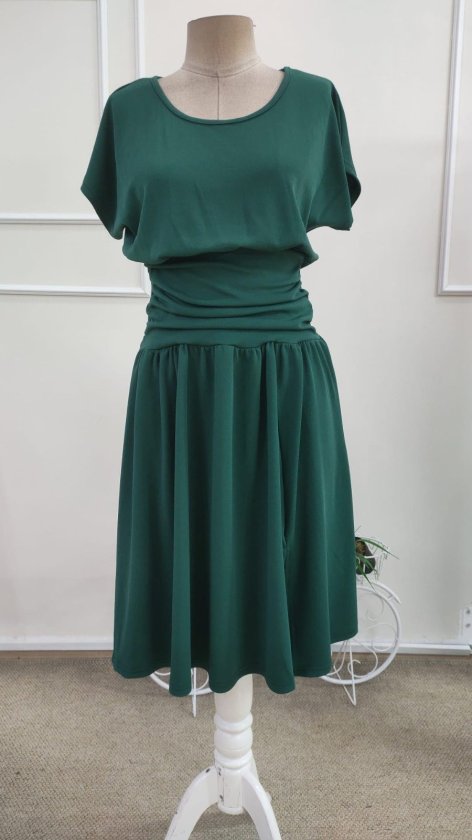 Rochie de damă din crep strălucitor, cu mânecă scurtă, ajustată la talie, cu crăpătură, 34588