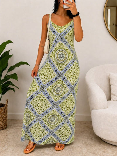 Women's Spaghetti Strap V-Neck Patterned Supreme Long Dress, 34589