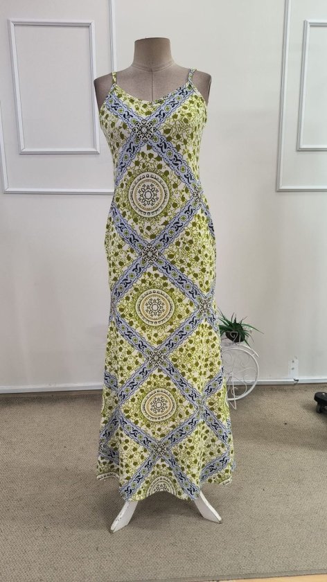 Women's Spaghetti Strap V-Neck Patterned Supreme Long Dress, 34589