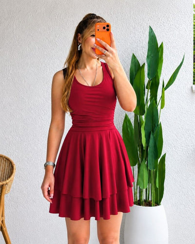 Rochie scurtă de damă cu volane, model nisipos, cu guler rotund și bretele, 34594