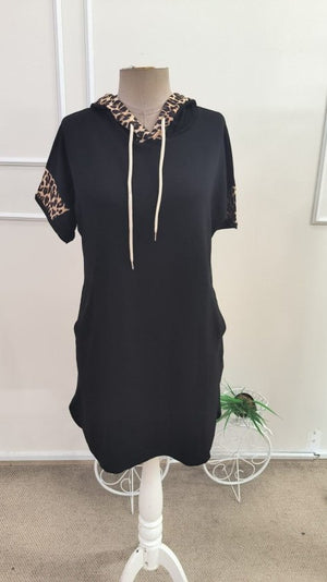 Rochie de damă cu glugă și mânecă scurtă, cu legături la decolteu și detalii la buzunare, rochie din viscoză cu două fire, 34595