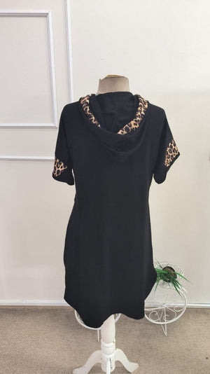 Rochie de damă cu glugă și mânecă scurtă, cu legături la decolteu și detalii la buzunare, rochie din viscoză cu două fire, 34595