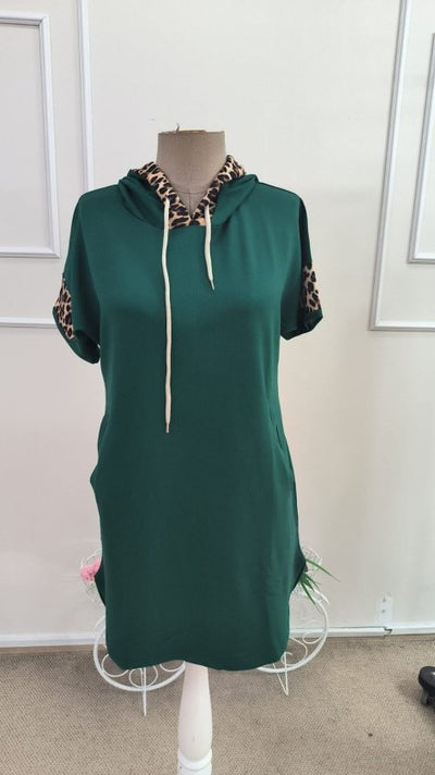 Rochie de damă cu glugă și mânecă scurtă, cu legături la decolteu și detalii la buzunare, rochie din viscoză cu două fire, 34596