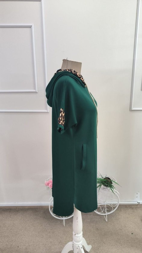 Rochie de damă cu glugă și mânecă scurtă, cu legături la decolteu și detalii la buzunare, rochie din viscoză cu două fire, 34596