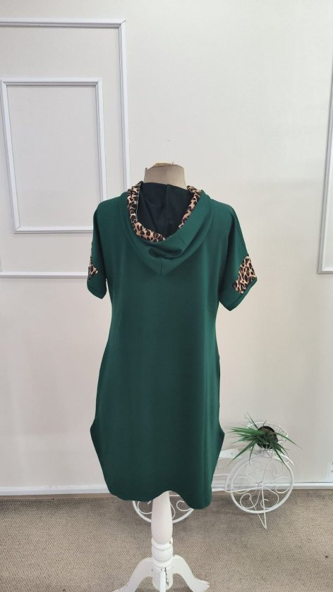 Rochie de damă cu glugă și mânecă scurtă, cu legături la decolteu și detalii la buzunare, rochie din viscoză cu două fire, 34596