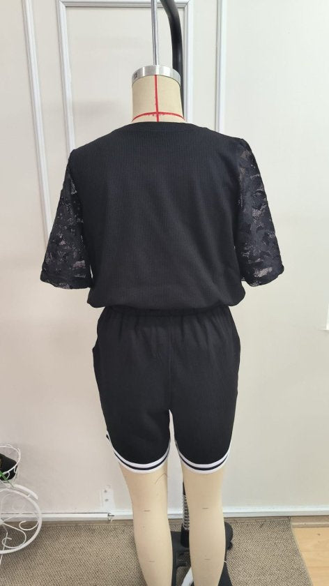 Set de două piese pentru femei, bluză și pantaloni scurți cu guler rotund, model waffle, cu mânecă scurtă, 34605