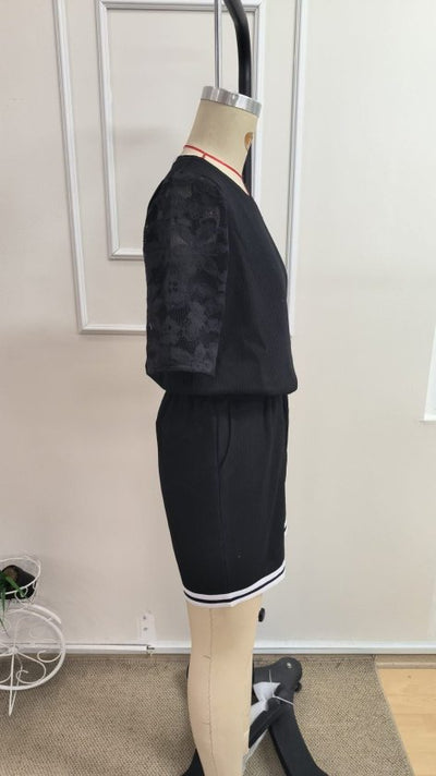 Set de două piese pentru femei, bluză și pantaloni scurți cu guler rotund, model waffle, cu mânecă scurtă, 34605