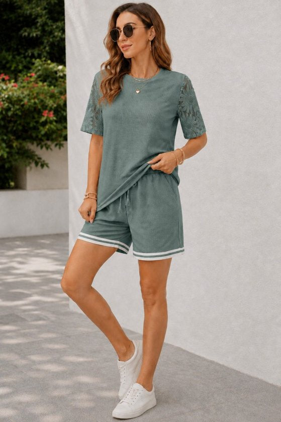 Kadın Kısa Kollu Bisiklet Yakalı Waffle Bluz Ve Short Ikili Takım, 34607