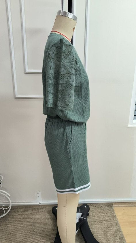 Kadın Kısa Kollu Bisiklet Yakalı Waffle Bluz Ve Short Ikili Takım, 34607