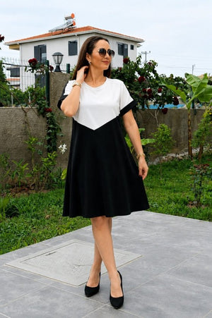 Rochie de damă din viscoză bicoloră, cu mânecă scurtă și guler rotund, cu detalii geometrice în față, 34609