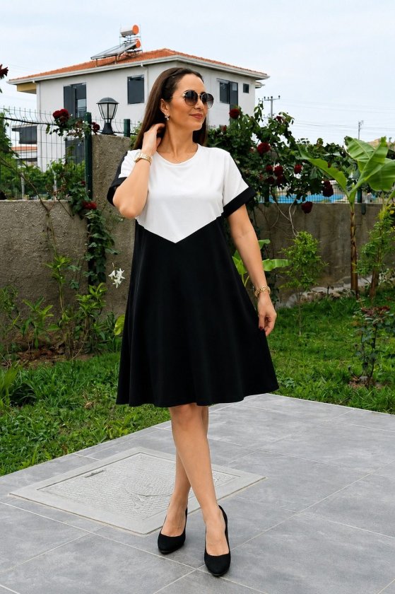 Rochie de damă din viscoză bicoloră, cu mânecă scurtă și guler rotund, cu detalii geometrice în față, 34609