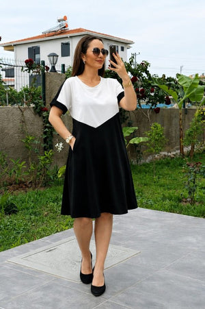 Rochie de damă din viscoză bicoloră, cu mânecă scurtă și guler rotund, cu detalii geometrice în față, 34609