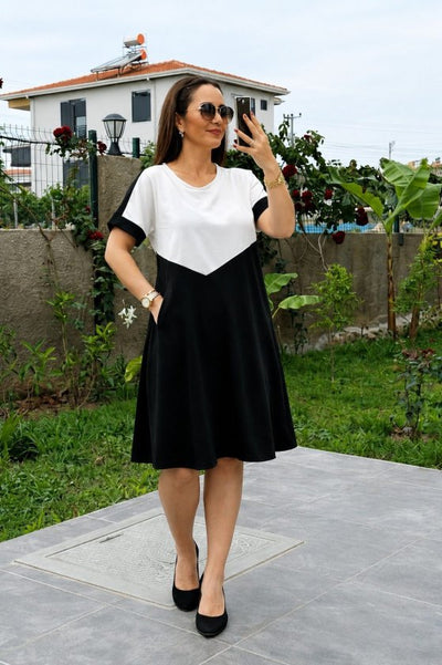 Rochie de damă din viscoză bicoloră, cu mânecă scurtă și guler rotund, cu detalii geometrice în față, 34609