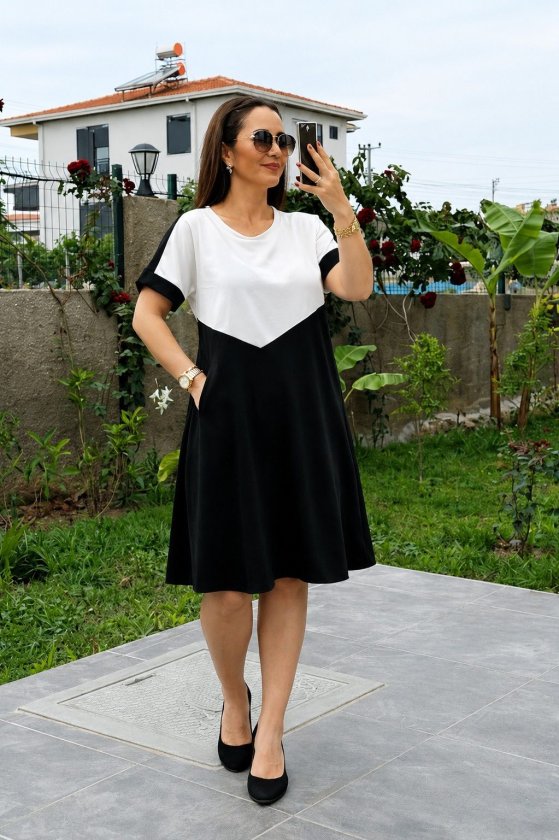 Rochie de damă din viscoză bicoloră, cu mânecă scurtă și guler rotund, cu detalii geometrice în față, 34609