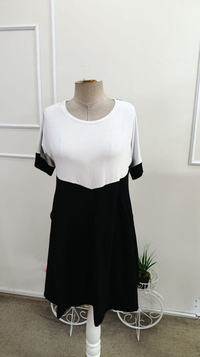 Rochie de damă din viscoză bicoloră, cu mânecă scurtă și guler rotund, cu detalii geometrice în față, 34609