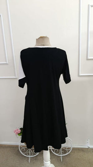 Rochie de damă din viscoză bicoloră, cu mânecă scurtă și guler rotund, cu detalii geometrice în față, 34609